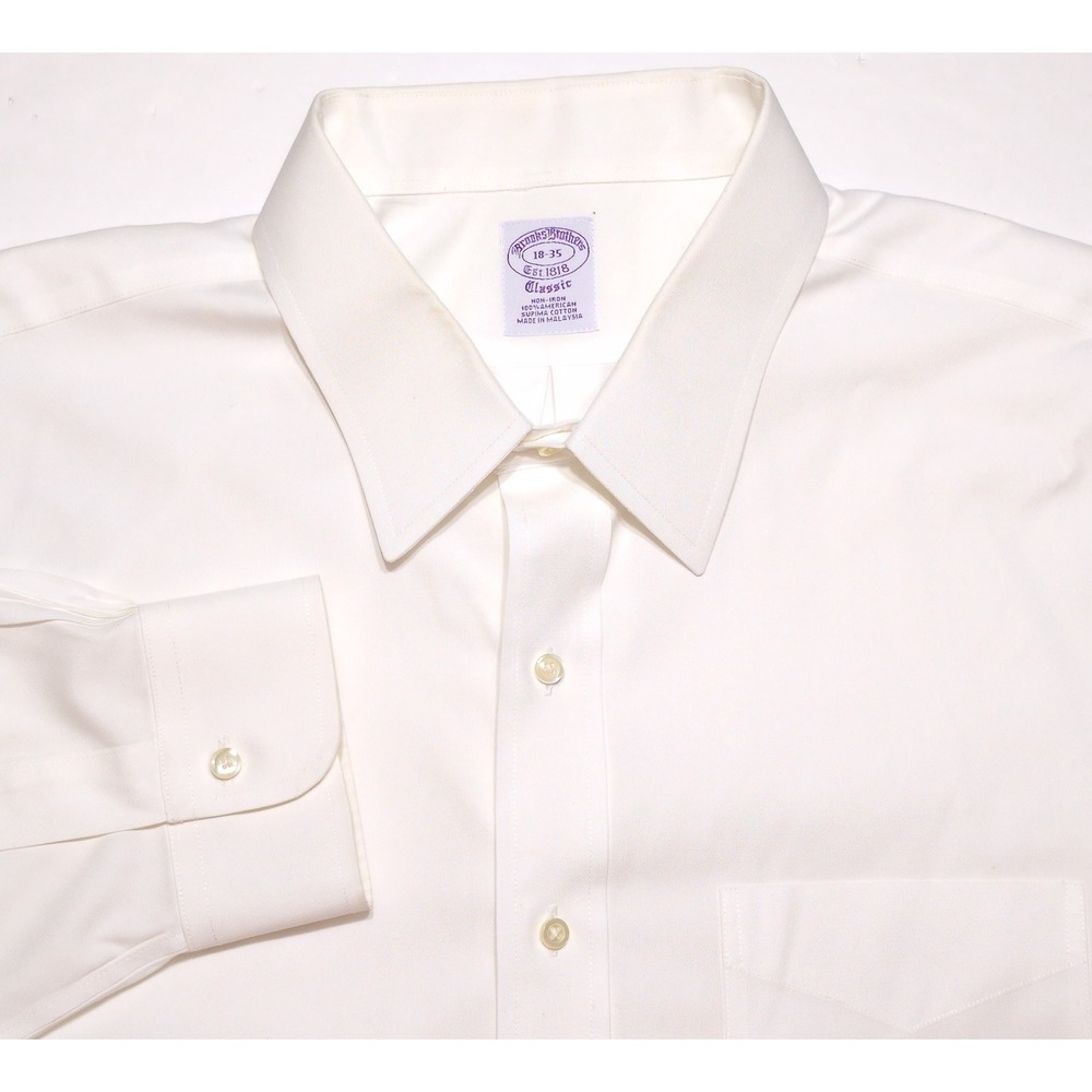 BROOKS BROTHERS Dress Shirt Mens 18 35 White Excellent Non-Iron Supima Cotton